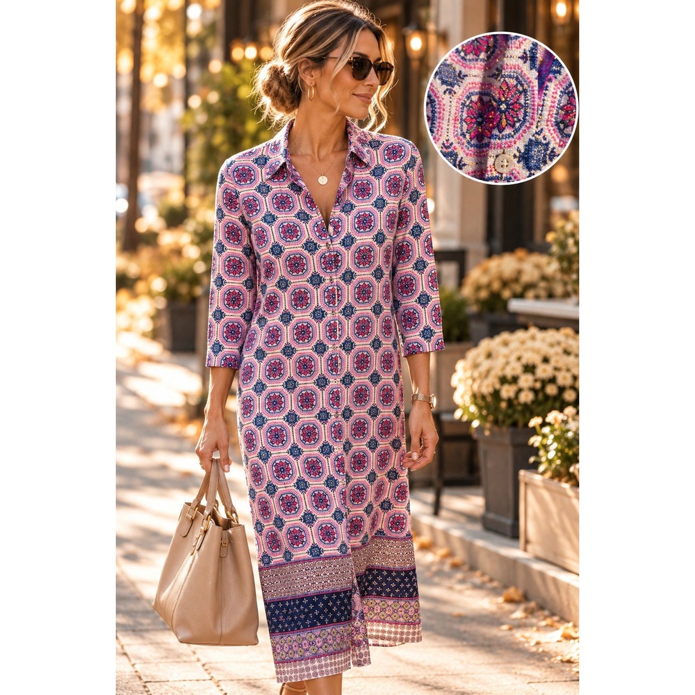 Chico's Medallion Print Button Front Midi Dress Pink Blue Size 0/ Medium